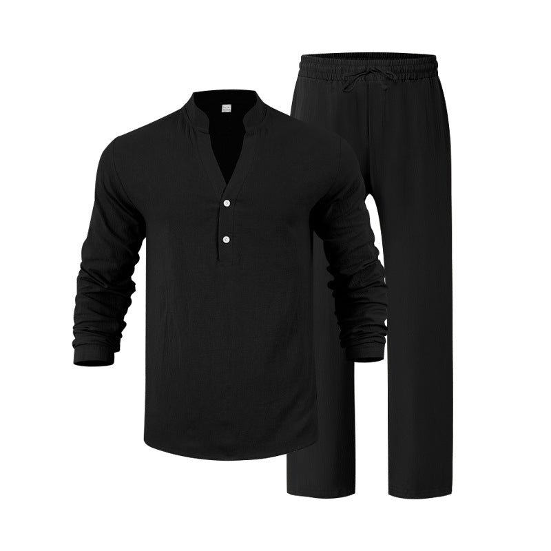 Mens Loose-Fit Casual Breathable V-Neck Henley Shirt And Long Pants Set