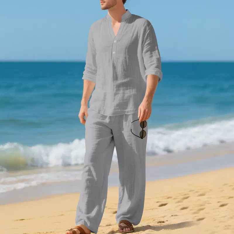 Mens Loose-Fit Casual Breathable V-Neck Henley Shirt And Long Pants Set
