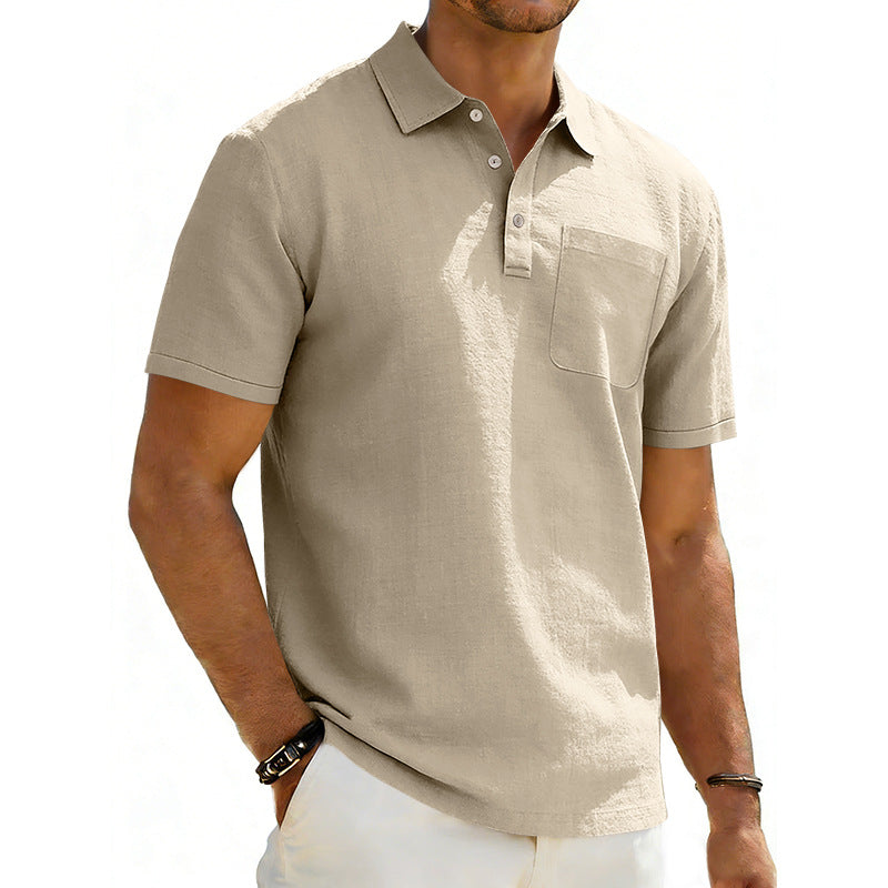 Men's Lapel Polo Shirt Linen Pocket T-Shirt