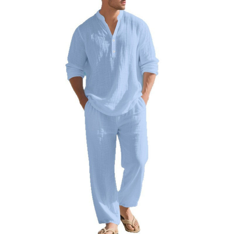 Mens Loose-Fit Casual Breathable V-Neck Henley Shirt And Long Pants Set
