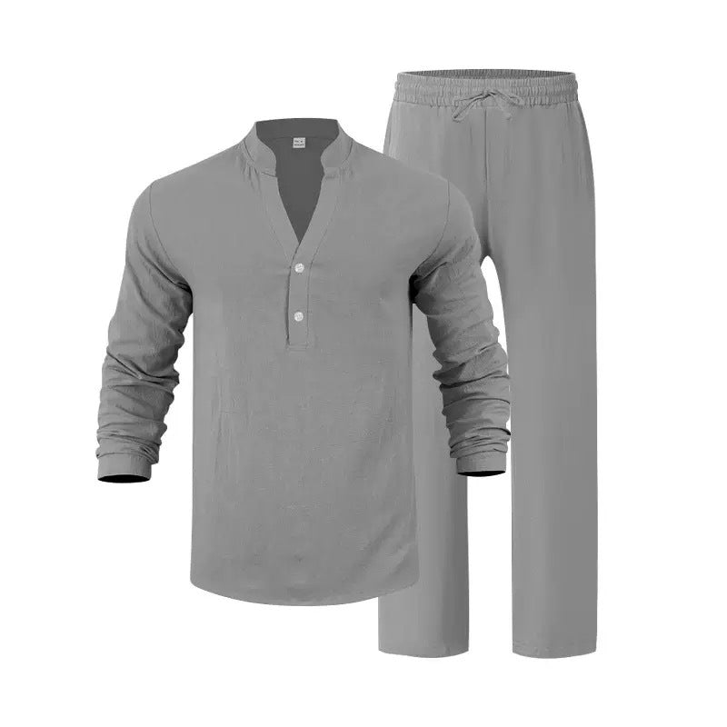 Mens Loose-Fit Casual Breathable V-Neck Henley Shirt And Long Pants Set