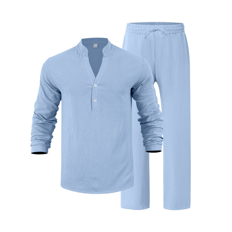 Mens Loose-Fit Casual Breathable V-Neck Henley Shirt And Long Pants Set