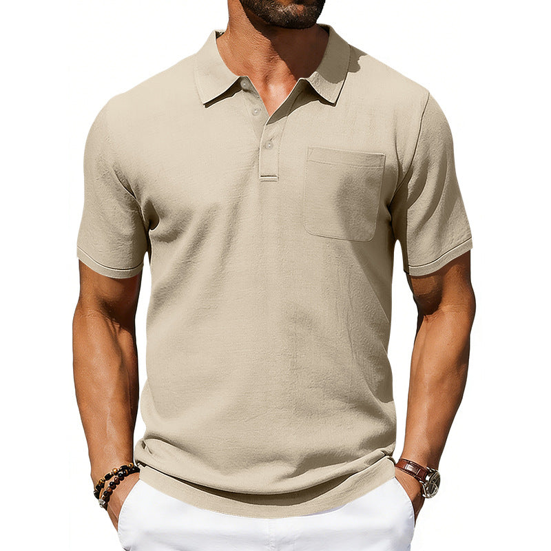Men's Lapel Polo Shirt Linen Pocket T-Shirt