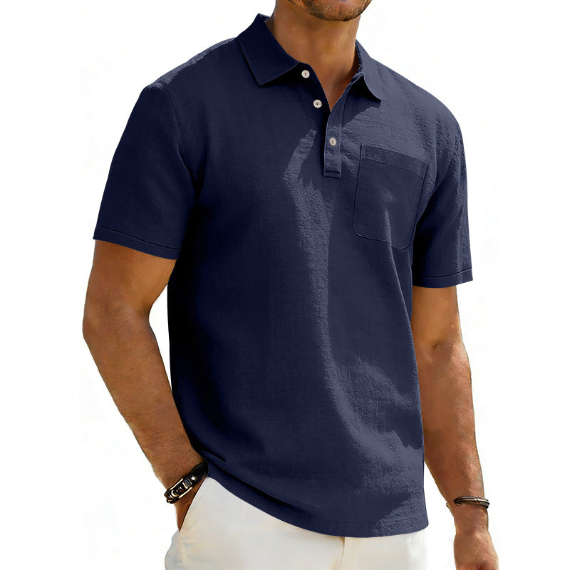 Men's Lapel Polo Shirt Linen Pocket T-Shirt
