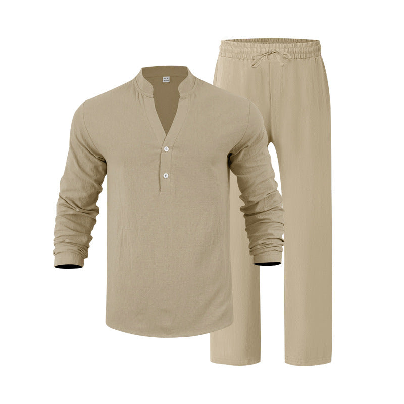 Mens Loose-Fit Casual Breathable V-Neck Henley Shirt And Long Pants Set