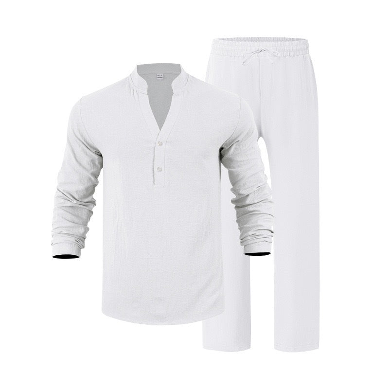 Mens Loose-Fit Casual Breathable V-Neck Henley Shirt And Long Pants Set