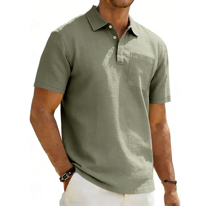 Men's Lapel Polo Shirt Linen Pocket T-Shirt